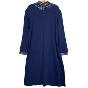 Vintage Navy Blue Long Sleeve Sweater Dress Rhinestone Beaded Mock Neck Sz 16
